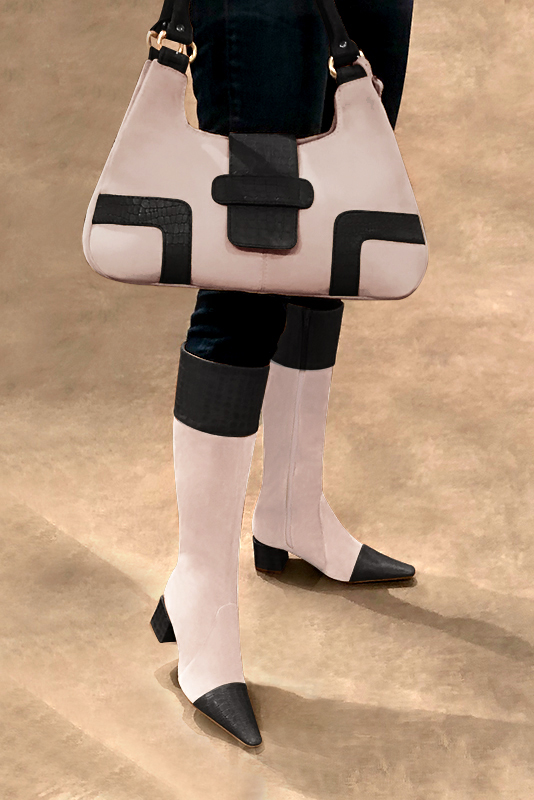 Dark grey and powder pink women's feminine knee-high boots. Tapered toe. Medium block heels. Made to measure. Worn view - Florence KOOIJMAN